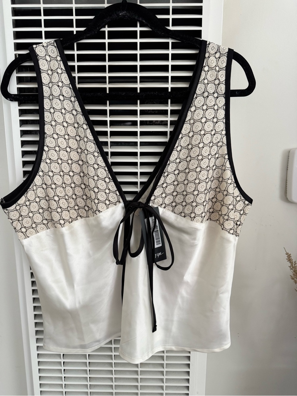 Nasty Gal Ivory Lace Panel Tie Front Top with Black Trim